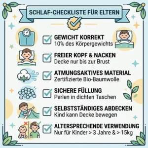 A visual safety checklist for parents on using weighted blankets for children in bed.