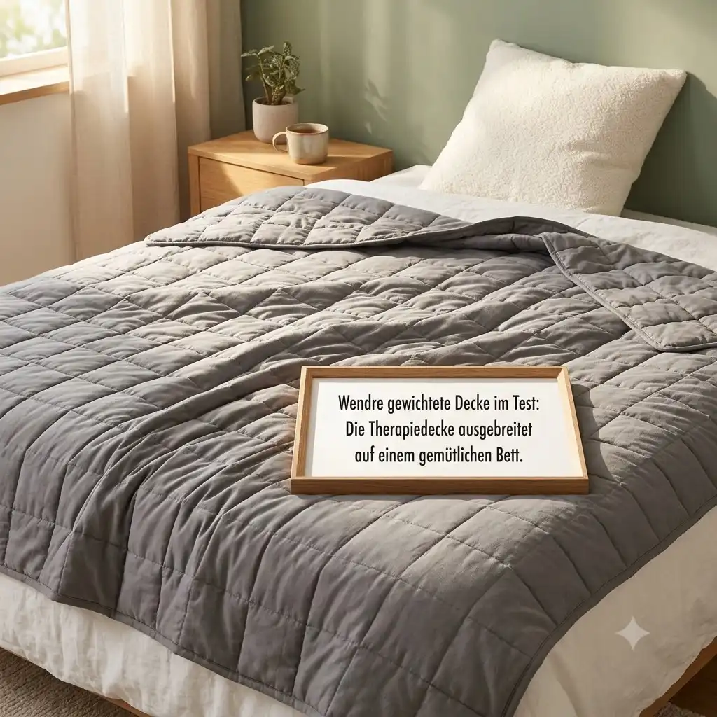 Wendre gewichtete Decke im Test: Die Therapiedecke ausgebreitet auf einem gemütlichen Bett.