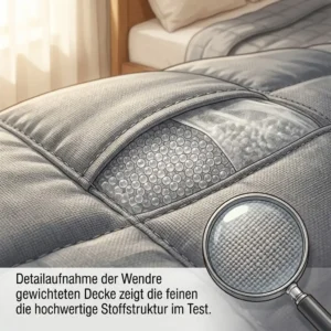 Detailaufnahme der Wendre gewichteten Decke zeigt die feinen Nähte und die hochwertige Stoffstruktur im Test.