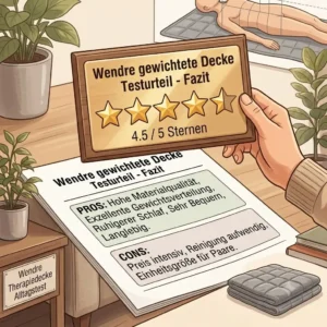 Grafisches Testurteil und Fazit zur Wendre gewichteten Decke mit einer Sterne-Bewertung.