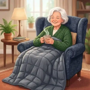 A happy elderly woman relaxing in a cozy armchair covered with a gewichtete decke ältere personen.