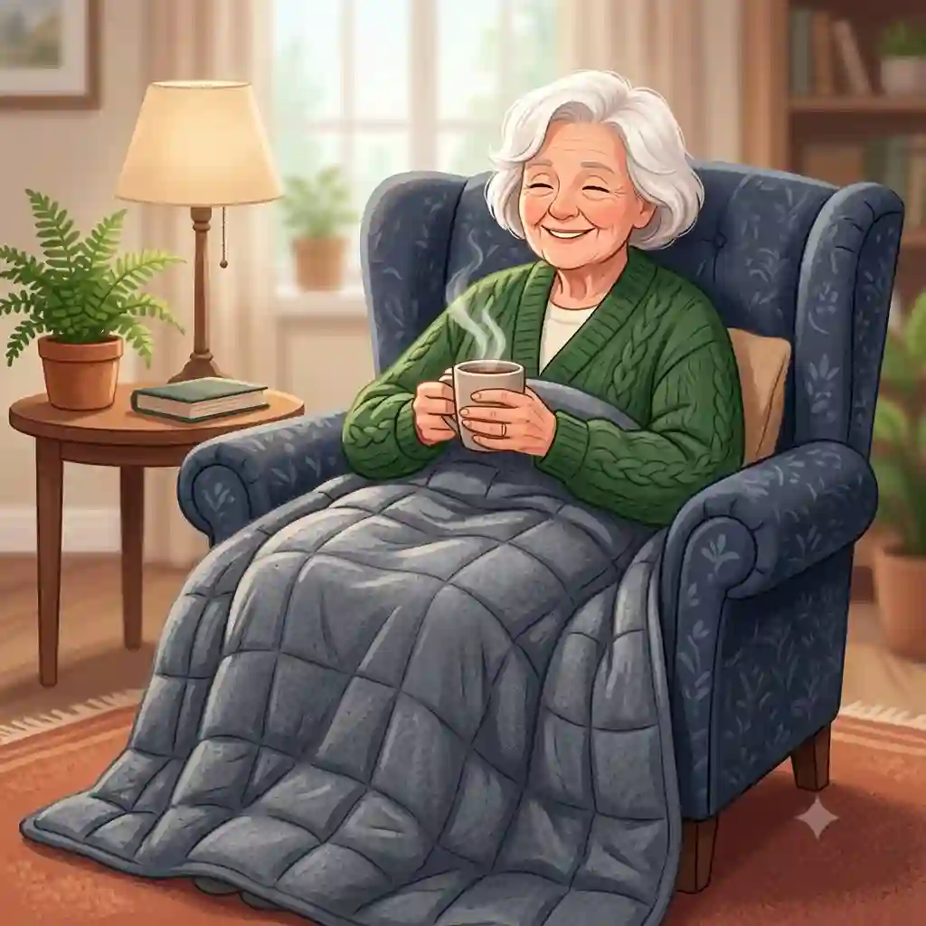 A happy elderly woman relaxing in a cozy armchair covered with a gewichtete decke ältere personen.