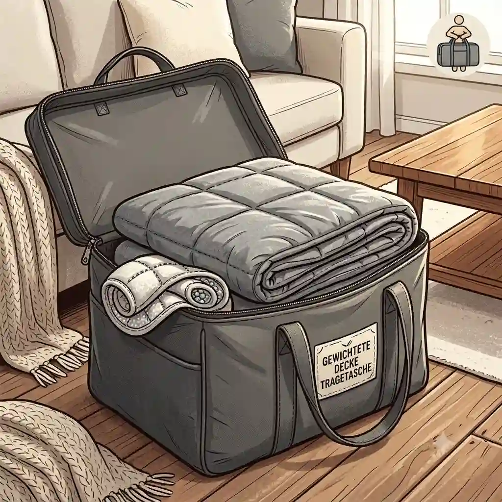 A grey gewichtete decke tragetasche sitting on a living room sofa with a folded blanket inside.