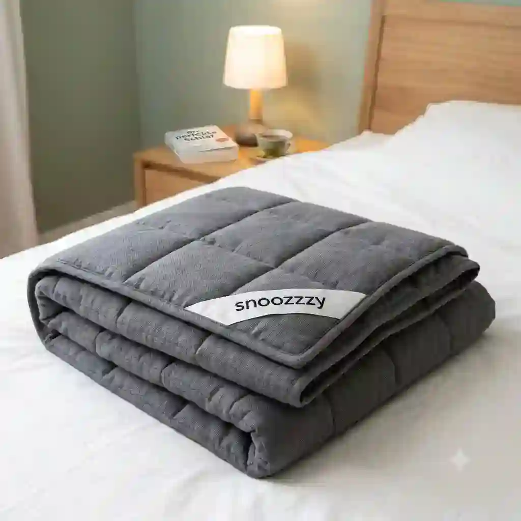 Snoozzzy weighted blanket test und Review, zeigt die kuschelige Decke auf einem modernen Bett.