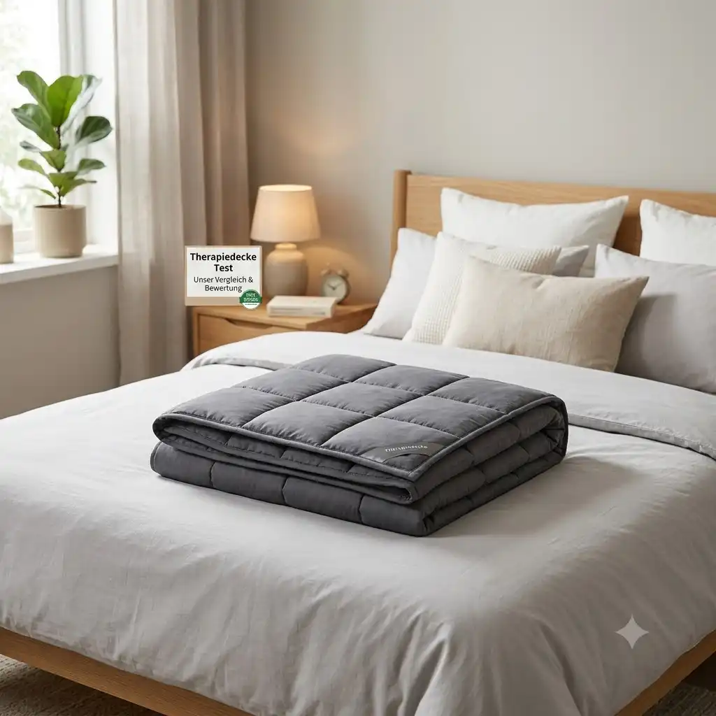 Featured image for the therapiedecke test showing a folded weighted blanket on a bed.