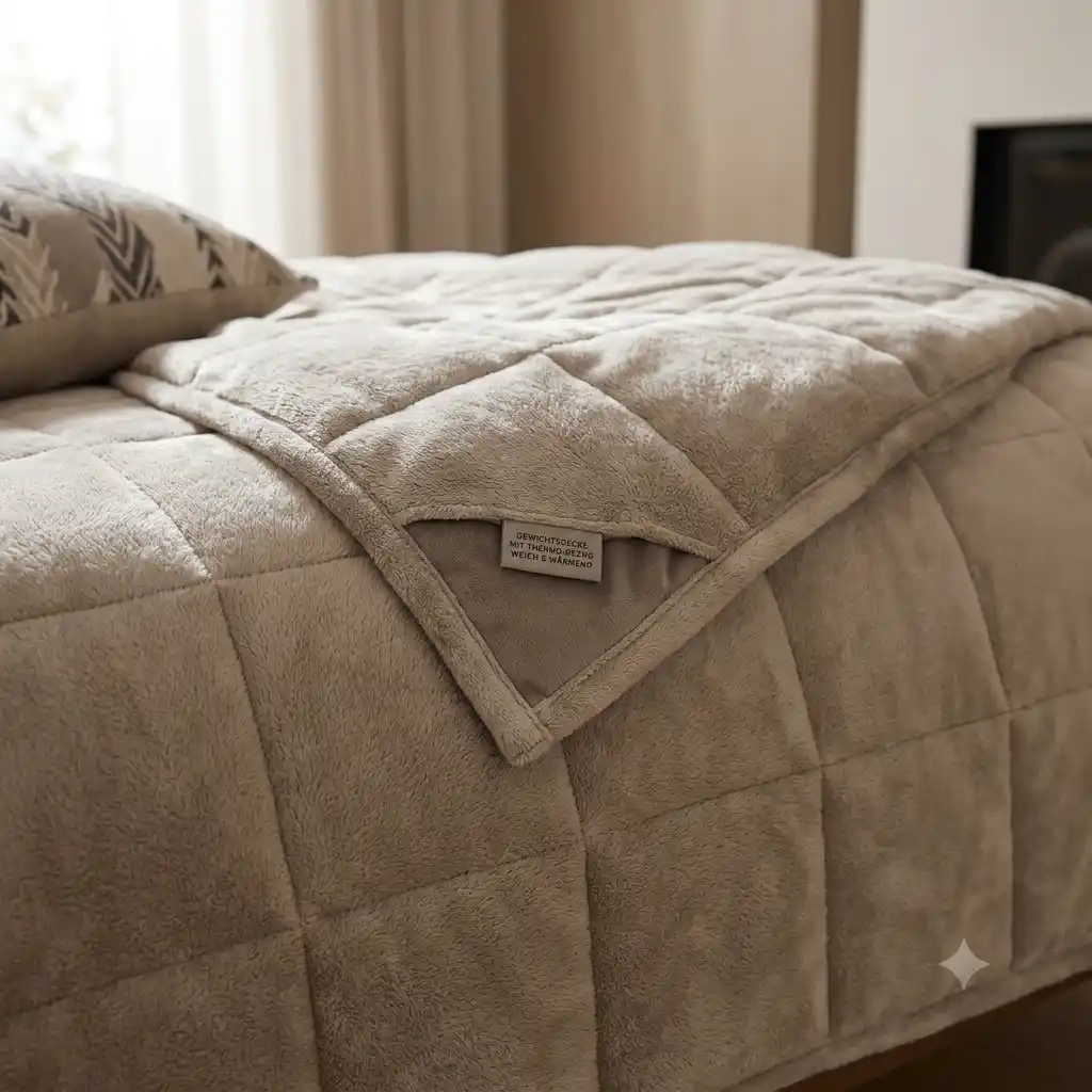 Thermo bezug gewichtete decke ordentlich auf einem Bett im modernen Schlafzimmer ausgebreitet