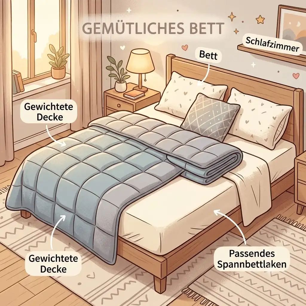 Gewichtete Decke und passendes Spannbettlaken ordentlich auf einem Bett im Schlafzimmer arrangiert