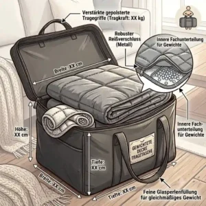 An infographic illustration showing the dimensions and key features of the gewichtete decke tragetasche.