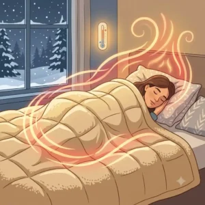 Illustration zur Thermo bezug gewichtete decke: Person schläft gemütlich unter der Decke im Winter