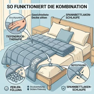 Illustration zur Funktionsweise einer gewichteten Decke mit fixiertem Spannbettlaken für ruhigen Schlaf