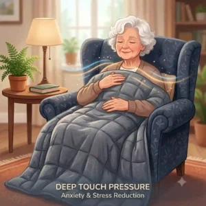 A graphic showing anxiety and stress reduction for seniors through the deep touch pressure of a gewichtete decke ältere personen.