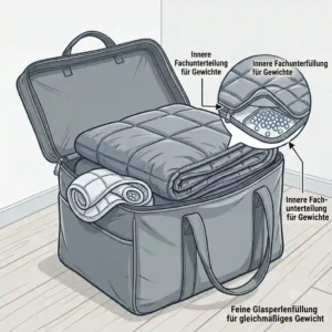 A minimalist illustration of a gewichtete decke tragetasche being neatly stored inside a closet.