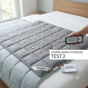 Testing weight distribution and pressure points of the Utopia weighted blanket on a bed