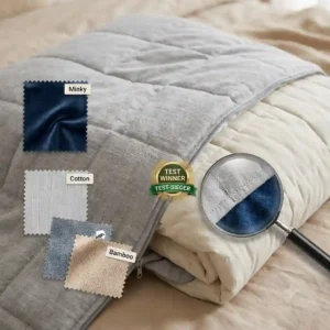 A detailed illustration showing the attachment loop and secure button mechanism from a weighted blanket cover test.