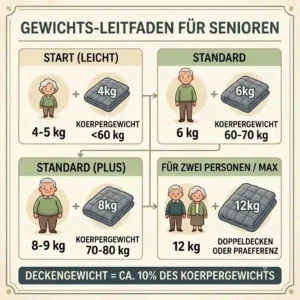 An infographic guide showing how to choose the correct weight for a gewichtete decke ältere personen based on body weight.