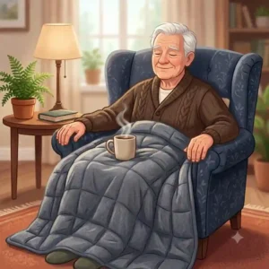 An elderly man resting comfortably in a living room chair with a gewichtete decke ältere personen on his lap.
