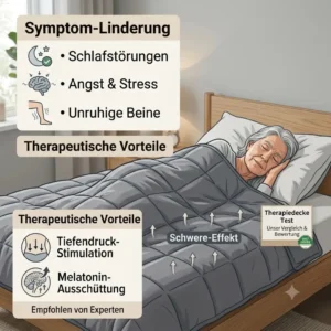 Graphic overview of health benefits like stress and insomnia relief for the therapiedecke test.
