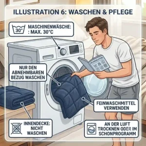 Illustrated guide for the washing and care process of the blanket in the blanquil gewichtete decke test.