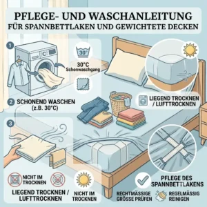 Illustration zur richtigen Pflege und Waesche von Spannbettlaken fuer gewichtete Decken