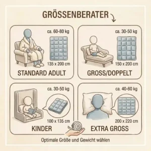 Infografik mit Größenmaßen für die passende kuschelige hülle für gewichtete decke.