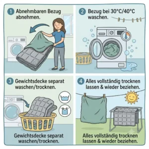 Step-by-step illustration for washing and care instructions in the therapiedecke test.