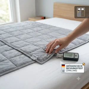 Checking bed size coverage during Utopia weighted blanket twin size test on a mattress