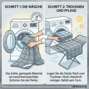 Anleitung zur Maschinenwäsche und Pflege der Snoozzzy Gewichtsdecke für Langlebigkeit.