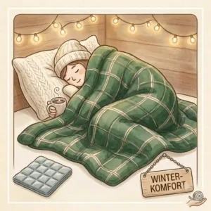 Ein gemütlich dekoriertes Schlafzimmer im Winter mit einer kuschelige hülle für gewichtete decke.
