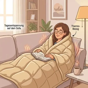 Eine Person entspannt tagsüber auf dem Sofa unter einer warmen Thermo bezug gewichtete decke
