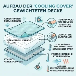 Illustration showing the material layer breakdown of a weighted blanket including the cooling cover and glass bead filling