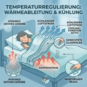 Graphics demonstrating temperature regulation in a weighted blanket, including heat dissipation through the cooling cover