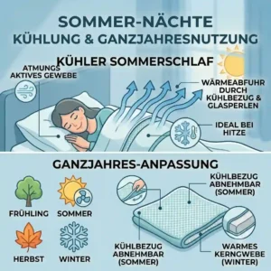 Illustration highlighting the advantages of a cooling cover weighted blanket during summer use for hot sleepers